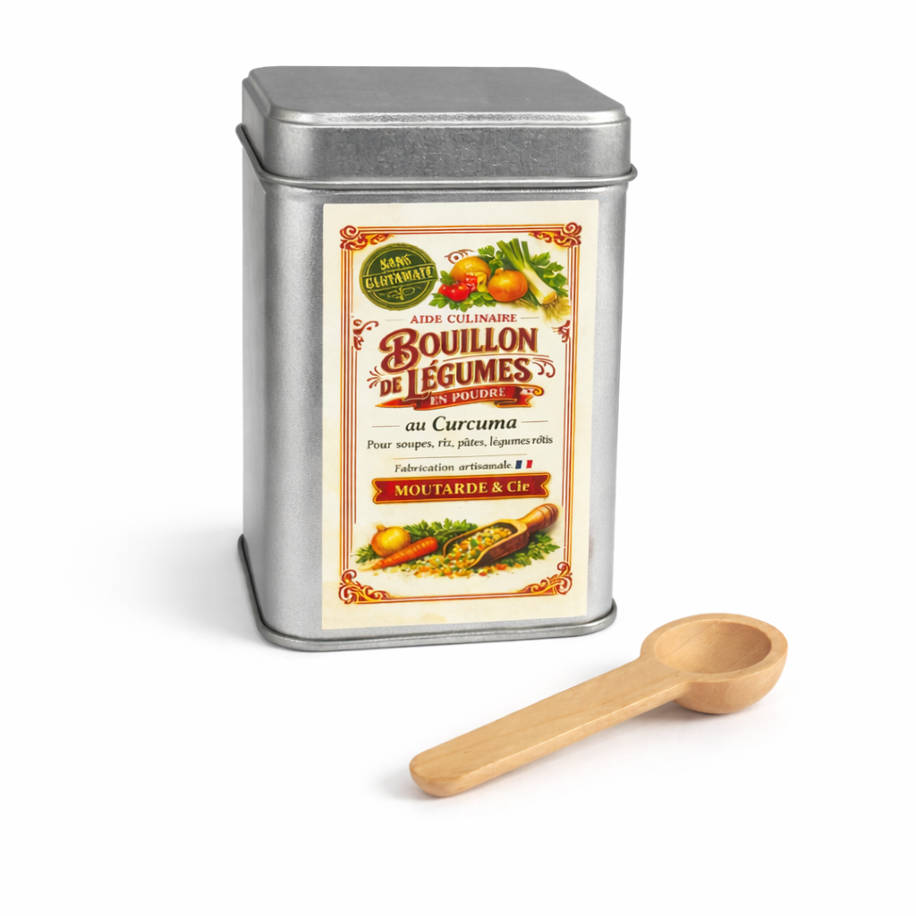 Coffret bouillon de légumes au curcuma — boîte métal et doseur Moutarde & Cie