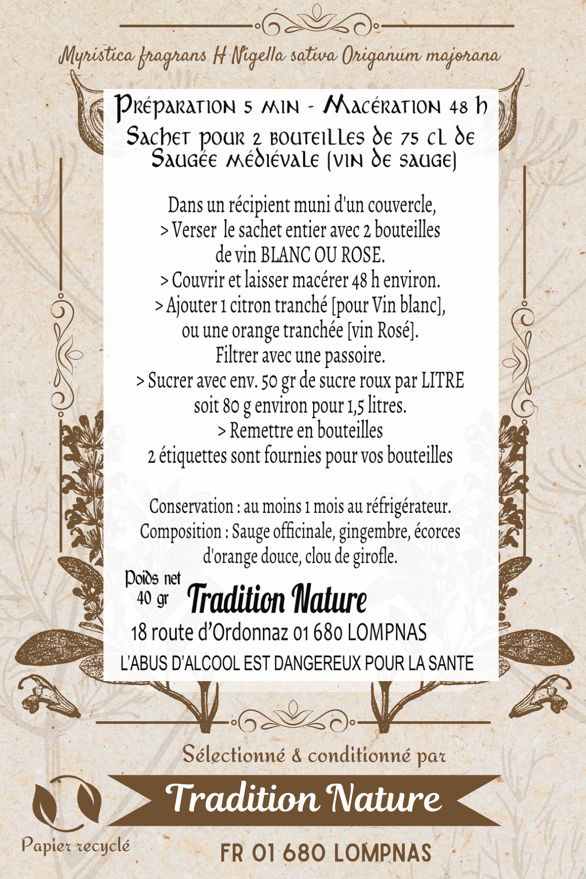 Saugée douceur médiévale |sachet pour 2 bouteilles de vin de sauge