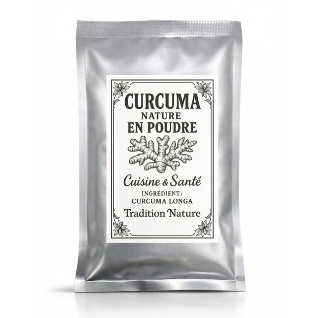 Curcuma nature poudre Ecocertifiable — 35 g - petit sachet, sachet argenté de la gamme Épices d'Antan