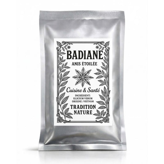 Badiane - Anis étoilée entières — 25 g - petit sachet, sachet argenté de la gamme Épices d'Antan