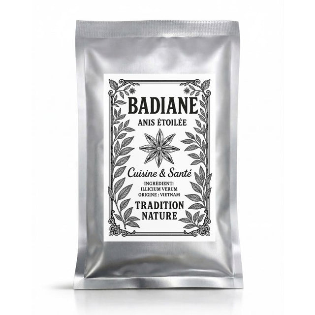 Badiane - Anis étoilée entières — 25 g - petit sachet, sachet argenté de la gamme Épices d'Antan