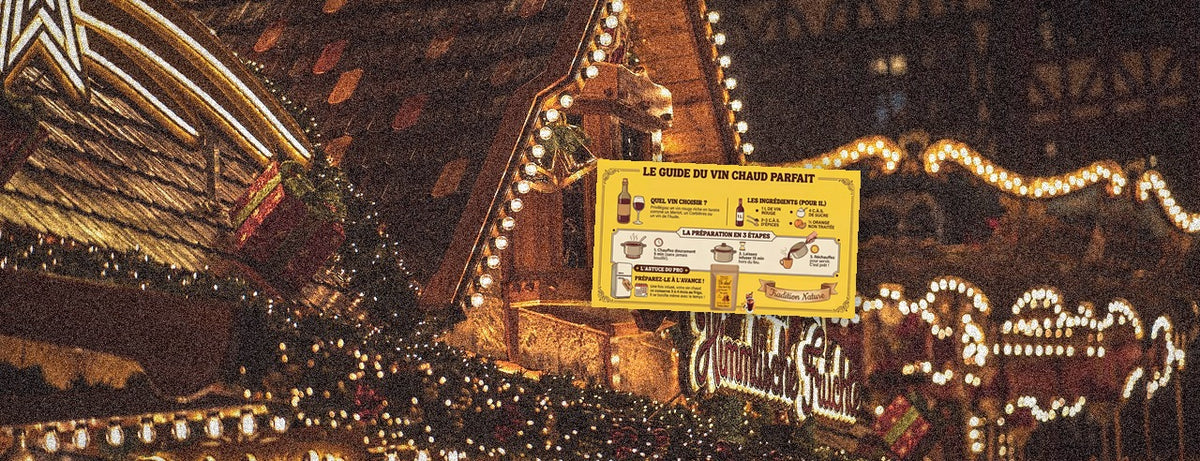 Marché de Noël illuminé la nuit — le guide du vin chaud Tradition Nature