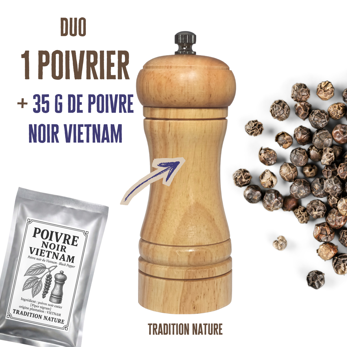 Duo : 1 moulin à poivre en bois + 35 g de poivre noir du Vietnam — Moutarde & Cie