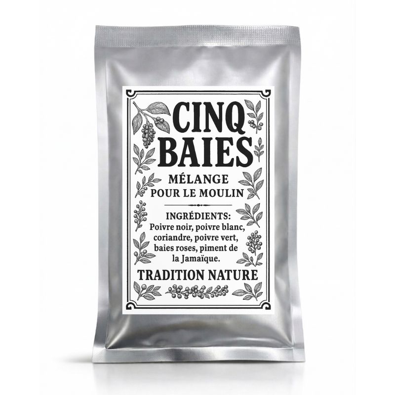 Mélange 5 baies — 35 g - petit sachet, sachet argenté de la gamme Épices d'Antan