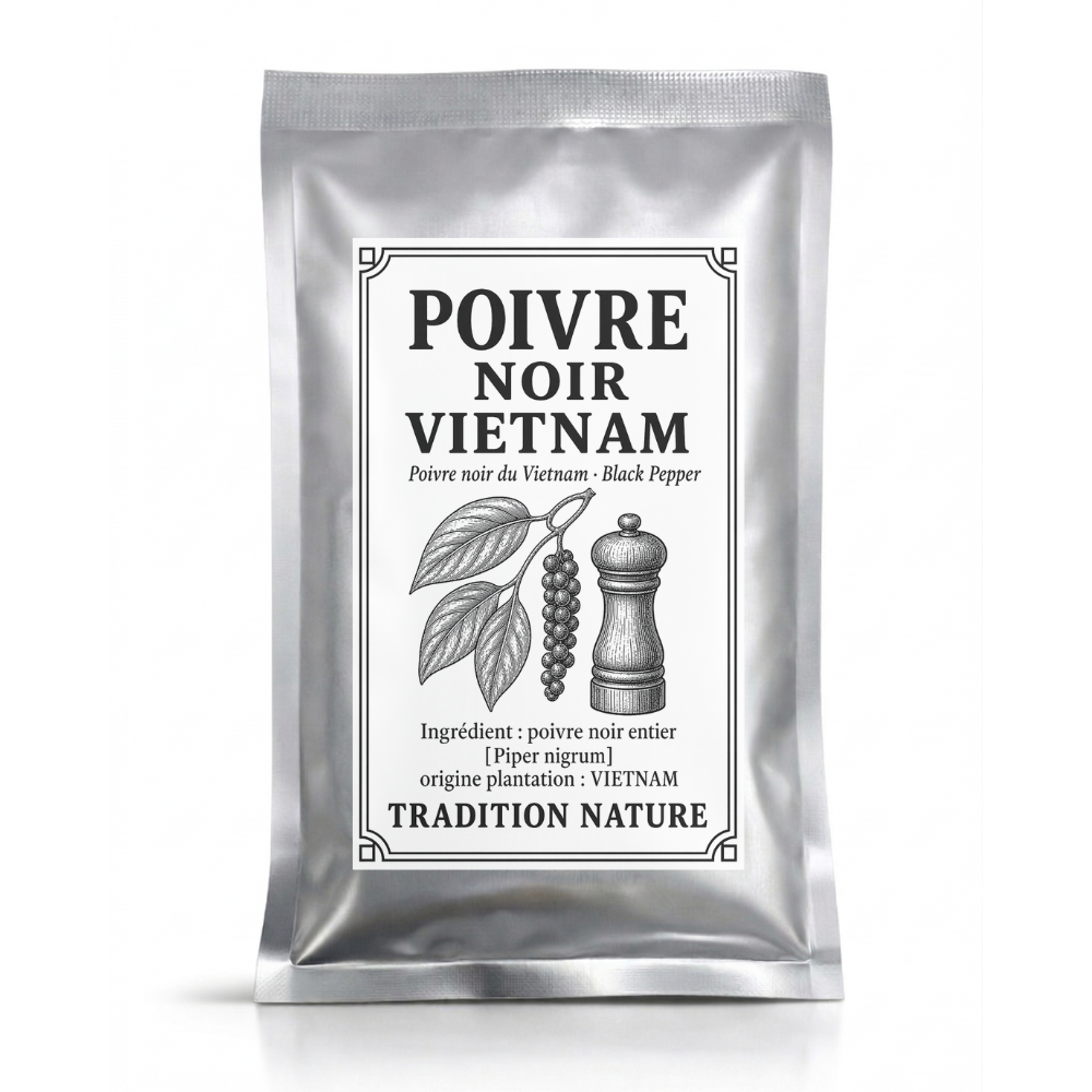 Poivre noir Vietnam — 35 g - petit sachet, sachet argenté de la gamme Épices d'Antan